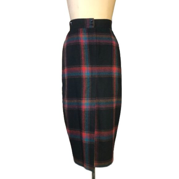 Vintage pencil fitted wool blend tartan plaid high waist midi skirt - Picture 3 of 15